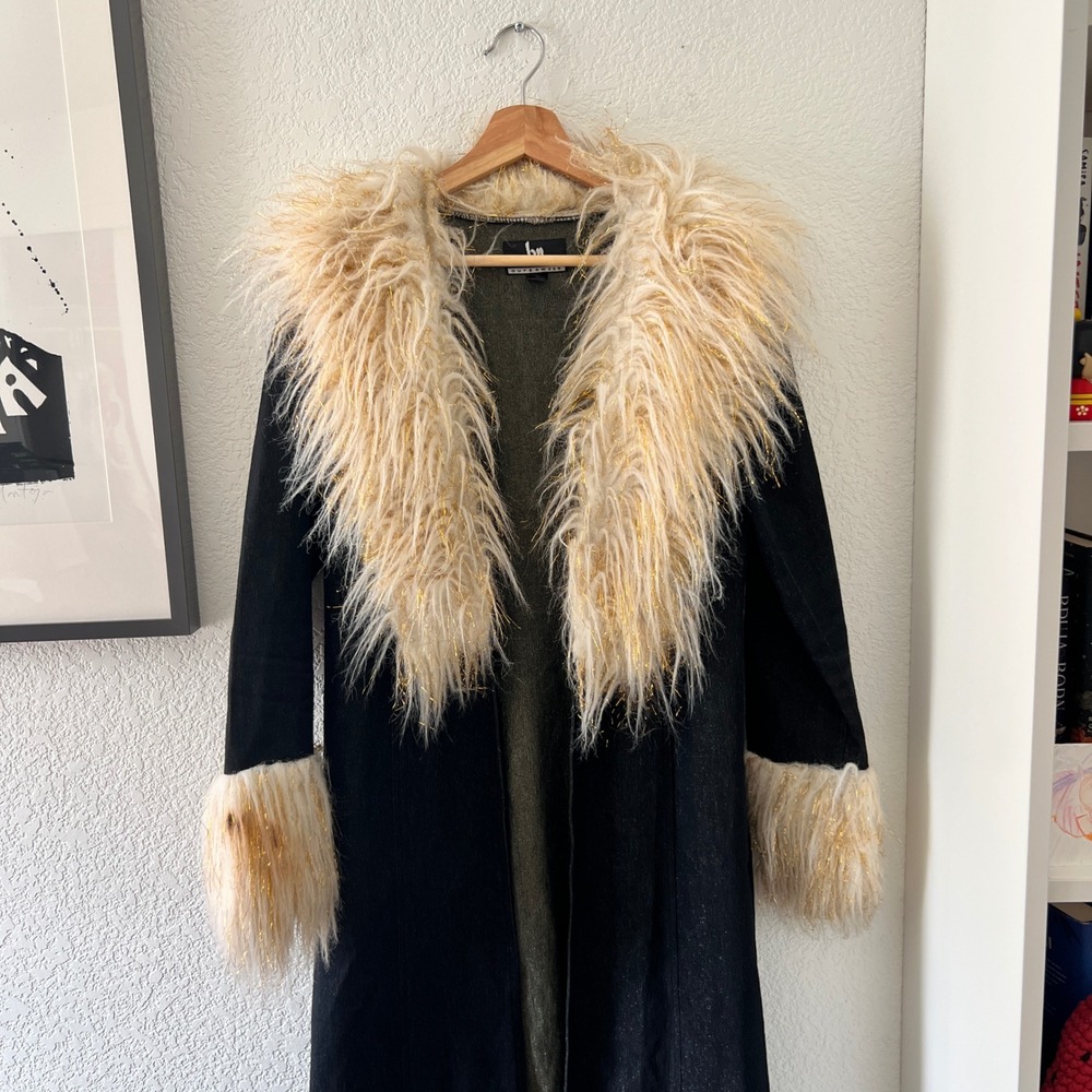 RARE Vintage Blanc Noir Boho Trench Coat Faux Fur Gold Tinsel Trim Size M - Picture 2 of 10